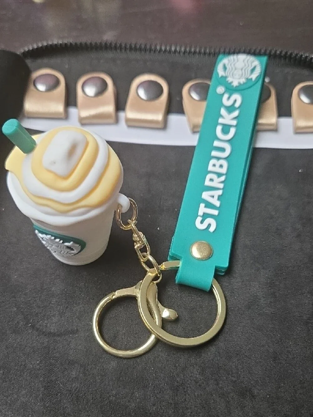 Starbucks Green Teal Keychain with White Frappuccino Charm